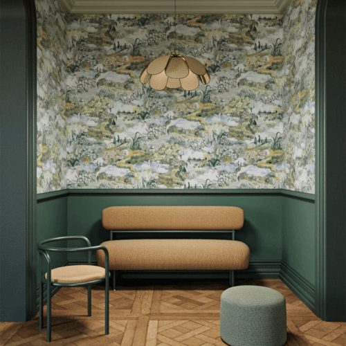 Meadow Wallpaper, Linden, The Lawns X Laura Chautin Wallpaper, in room, chosen by Semaine Tastemaker Paris Starn.